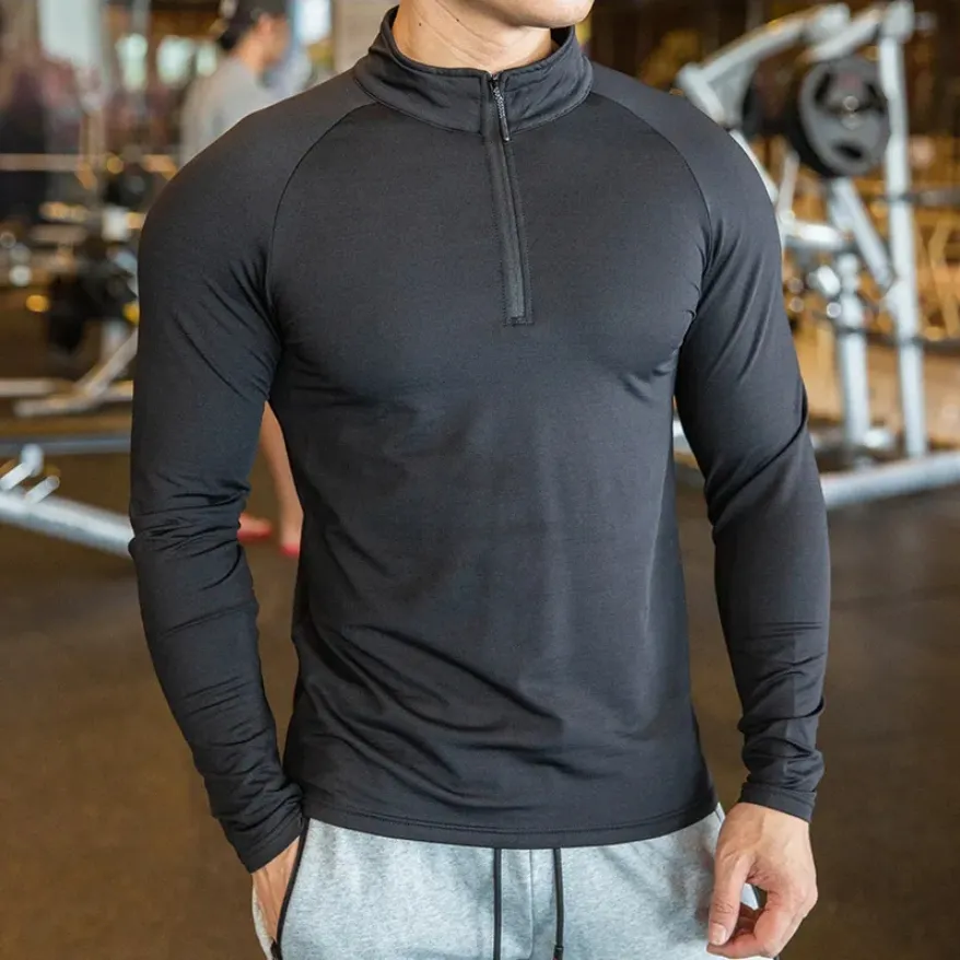 Мужской 1/4 пуловер на молнии с длинным рукавом, быстросохнущие Компрессионные Мужские спортивные футболки для фитнеса и бега