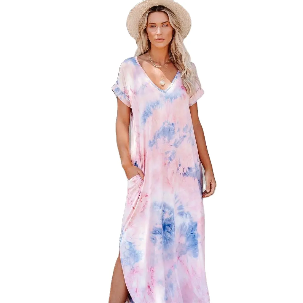 New design holiday beach tie dye dress Hot sale short sleeves and V neck dress Top quality pullover design no closure dress for