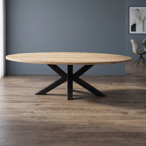 Table à manger ovale en métal et bois de manguier massif au design industriel et vintage avec pieds araignées, 6 places, pour hôtel et villa - Product Image 3