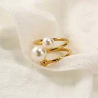 Eleganter Doppel-Perlen Verstellbarer Offener Edelstahlring, Minimalistischer Modischer Goldton-Fingerring für Frauen Tägliches Tragen