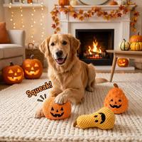 Jouet en peluche souple et grinçant pour chiot, motif citrouille thème Halloween, personnalisé par le fabricant Famipet, avec sonnette intégrée pour chien