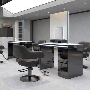 Modern Stainless Steel Double Sided Salon <b>Workstation</b> with LED Light Mirror Station for Professional Hair Salons - Product Image 1