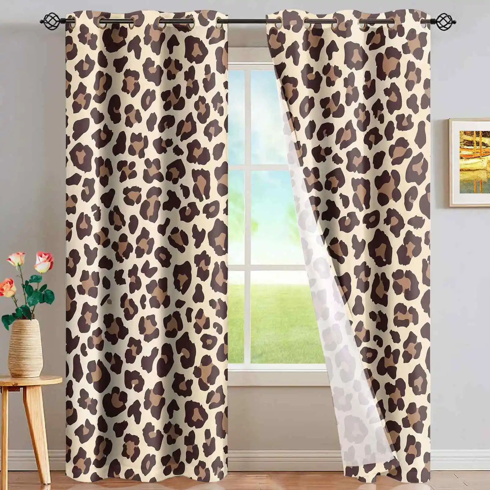 Brown Leopard Print Pattern House tende finestra camera da letto in lunghezza corta soggiorno camera da letto tende 2 pannelli Set Decor