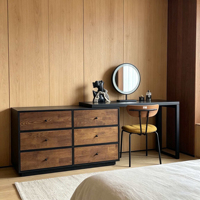 Commode de chambre moderne en bois massif avec 6 tiroirs, table de chevet intégrée, table de maquillage pour salon