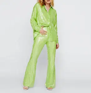Top Quality Summer Fashionable Collection Two Pieces Long Sets for Women Custom Brand Ladies Flare Pants and Green Sequin Tops