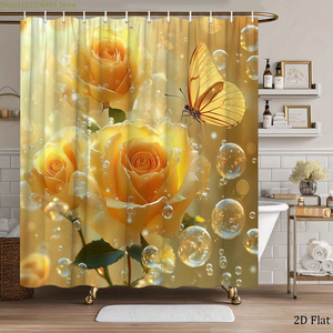 <span class=keywords><strong>Rideau</strong></span> <span class=keywords><strong>de</strong></span> <span class=keywords><strong>douche</strong></span> classique en polyester motif rose, fleurs jaunes dorées, papillons et bulles éthérées, décoratif pour salle <span class=keywords><strong>de</strong></span> bain et <span class=keywords><strong>baignoire</strong></span>, 12 crochets - Product Image 1