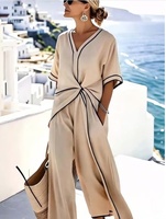 Nouvelle collection Printemps 2026 style Euro-Américain, Ensemble deux pièces ODM uni décontracté avec haut à col en V, manches trois-quarts et pantalon large à lacets