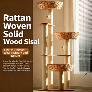 Moderno Grande Tiragraffi per Gatti in Legno Massello con Cesto in Rattan Integrato, Colonna in Sisal, Giocattolo con Palla in Peluche, per Dormire, Tirare e Giocare - Product Image 6