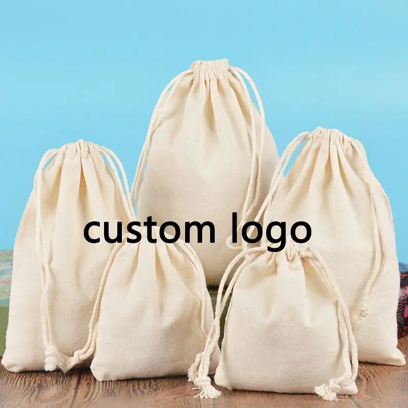 Custom Logo Promotional gift bag Screen Printed Natural Cotton Drawstring Pouch Bag