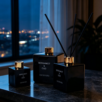 Diffuseur de parfum d'ambiance de luxe en verre noir à marque privée avec bâtonnets en fibre, huiles essentielles, aromathérapie, OEM ODM