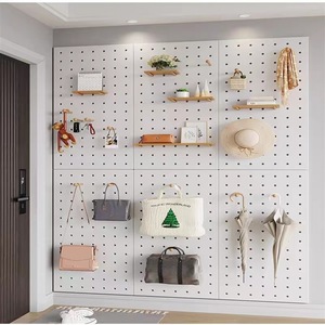 White Rectangle Wall Mounted Pegboard Storage Rack With <b>Hooks</b> And <b>Shelves</b> For Kitchen Organization - Product Image 1