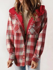 Jaket Wanita Lengan Panjang Bermotif Kotak-Kotak dengan Tudung Berbulu dan Saku Samping Jaket Olahraga Musim Dingin untuk Wanita Mantel - Product Image 5