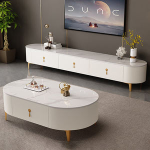 طاولة تلفزيون وطاولة شاي من الخشب الصلب بتصميم عصري بسيط لغرفة المعيشة، خزانة أرضية منزلية لشقق صغيرة بنمط فاخر كريمي - Product Image 4