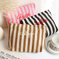 Pochette de maquillage en toile brodée à rayures pastel avec fermeture éclair, logo personnalisé, grande capacité, cadeau de mariage