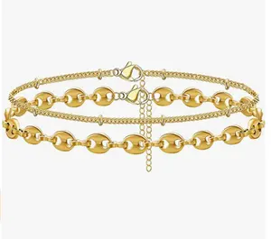 Dainty Stainless Steel Jewelry 14k Gold Plated Coin Chain Bracelet Layered Double Beaded Bracelet