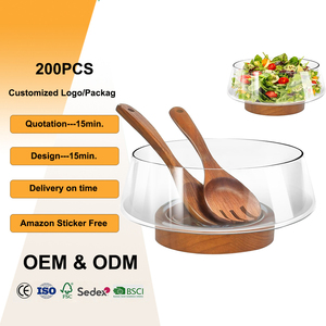 Tazón de Vidrio Extra Grande para Mezclar, Resistente al Calor, Transparente, con Borde Festoneado, Capacidad de 5.7L, Tazón para Ensalada con Base de Madera Natural - Product Image 1