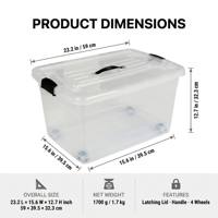 Conteneur de rangement en plastique transparent multifonctionnel durable de 45 L, grand format, avec couvercle et roulettes