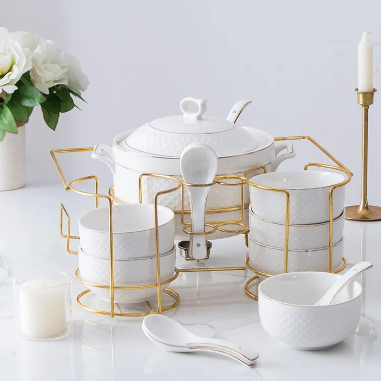 Ensemble de vaisselle en céramique de luxe en porcelaine, ensemble de 16 pièces, pot à soupe et bols avec support en fer pour hôtel et restaurant
