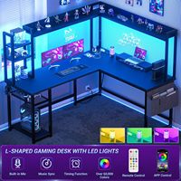 Bureau en forme de L avec prise de courant Bureau de jeu avec lumière LED et clapier Bureau à domicile réversible Bureau d'angle Table d'ordinateur avec étagère