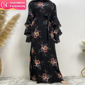 9071# Summer Spring Crew Neck Three Layers Tiered Sleeves Pretty Colorful Flowers Print Casual Dress Muslim Women Dress - Product Image 1