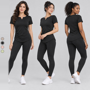 Haut de yoga noir à manches courtes et col en V pour femme, marque privée LUXD107, pour le yoga, la gym, la course, l'entraînement, vêtements de sport OEM ODM - Product Image 1
