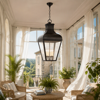 Luminaire suspendu en métal antique Cano Lighting, lanterne à dessus incurvé avec côtés en verre transparent, décoration élégante pour l'entrée