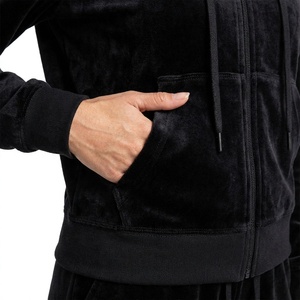 <b>Women's</b> <b>Black</b> 100% Cotton Solid Velour Autumn Tracksuit Set Hooded Zip-Up Front Logo <b>Jacket</b> and Sweatpants 2-Piece Outfit - Product Image 5