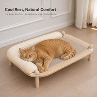 Lit surélevé pour chat en bois massif avec tapis rafraîchissant interchangeable et tapis en jute, transat d'intérieur pour animaux de compagnie, beige crème