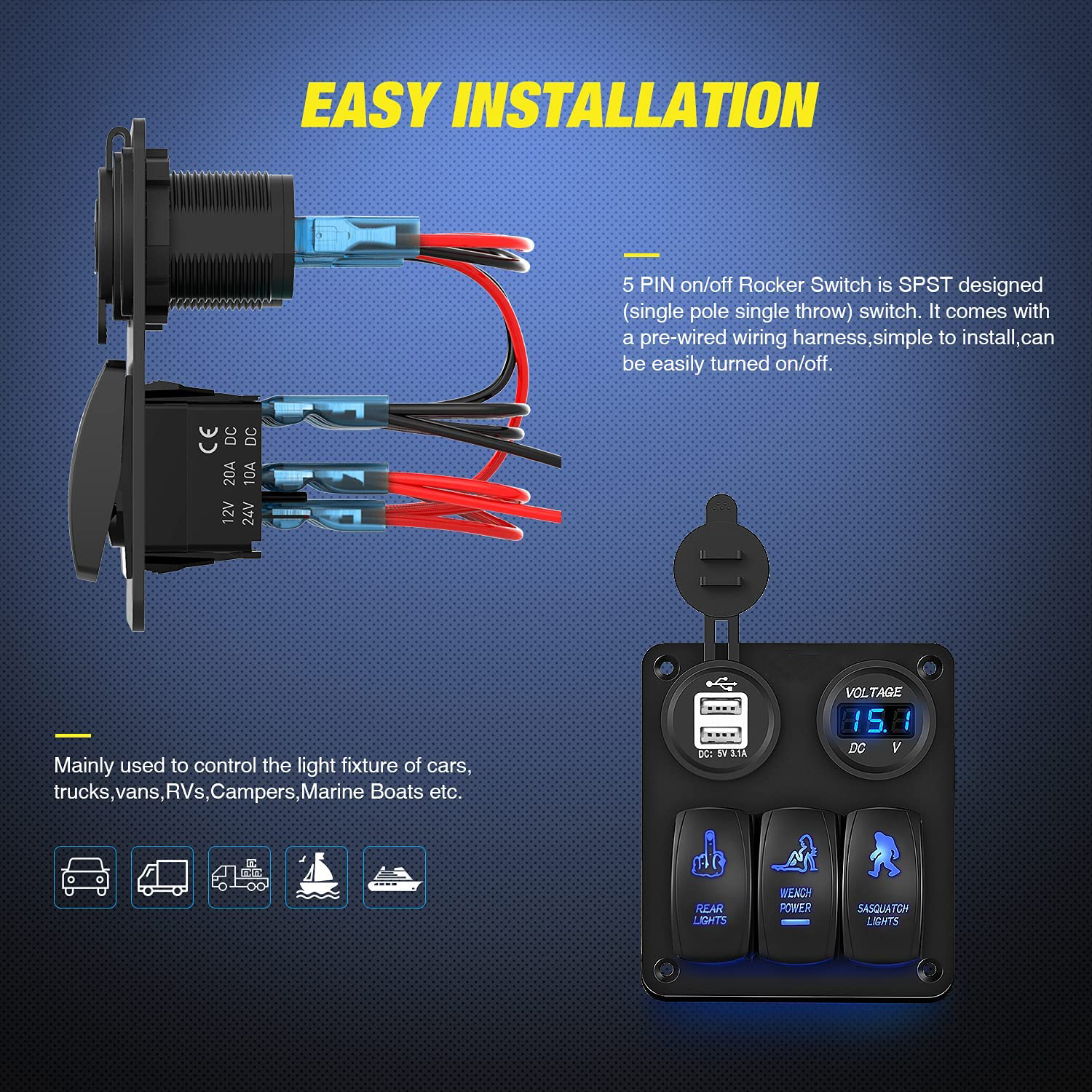 Pannello Interruttori 6 Vie Con Voltmetro | Impermeabile LED | Per Barche, Auto, Camper - Foto 2