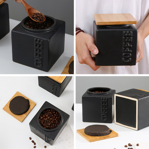 Recipiente europeo cuadrado para té con tapa de madera, tarro de almacenamiento hermético de cerámica de 11cm para granos de café y té DF0830 - Product Image 3