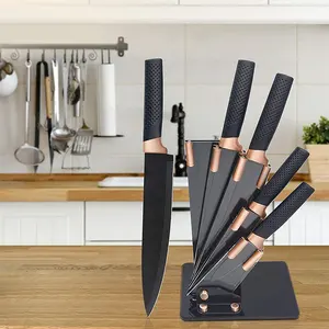 Ensemble de 6 couteaux de cuisine de chef, éléments noirs antiadhésifs, ensemble de pièces en acier inoxydable avec support en acrylique