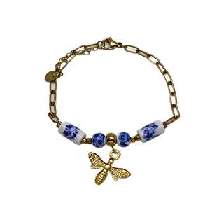 Fine Charm <b>Bracelet</b> 316L Stainless Steel PVD <b>Gold</b> Plating Bee Pendant Blue Floral <b>Beads</b> - Product Image 1