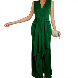 Elegante Vestido de Gala Vintage de Color Liso, Largo hasta el Suelo, de Satén, Sin Mangas, con Cuello en V, Fruncido, Transpirable, con Cintura Natural para - Product Image 2