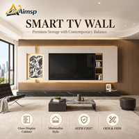 Meuble mural minimaliste pour téléviseur intelligent, placage en pierre, panneau en bois, éclairage ambiant LED, rangement intégré, modulaire personnalisé pour salon, villa