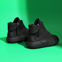 Bottes courtes décontractées pour femmes OEM ODM à plateforme avec fermeture éclair arrière, en cuir PU souple, semelle épaisse, imperméables, noires/blanches, personnalisables