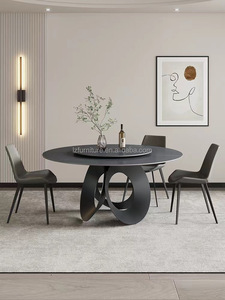Table à manger ronde moderne en pierre frittée avec plateau en marbre noir Lazy Susan, base en métal, 6-8 places, mobilier de restaurant de luxe - Product Image 2