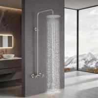Ensemble de douche mural contemporain en laiton, mitigeur monocommande gris anthracite brossé, avec barre coulissante et système de jets pluie, en céramique, pour appartement