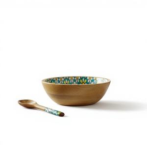 Ensemble bol et cuillère en mosaïque de marguerites en bois naturel, design floral fait main, emballage moderne et écologique, cadeau d'affaires - Product Image 1