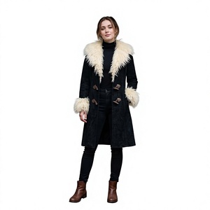 Women's Embroidered Patchwork Long Black Suede Coat for Fur Collar Polyester Lining Toggle Closure Maxi Winter Trench <b>Jacket</b> - Product Image 3