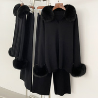 Ensemble pull tricoté populaire automne-hiver 2026, ample et élastique, en vraie fourrure de renard, deux pièces pour femme : pull-manteau et pantalon