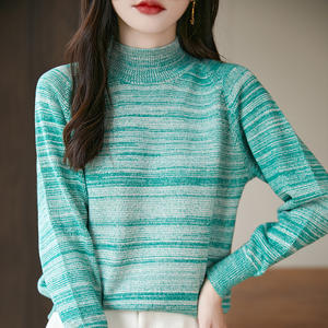 Suéter de cuello alto para mujer, tejido grueso de algodón, otoño-invierno, cuello medio, manga raglán holgada, color liso, capa base - Product Image 1