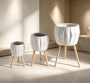 Diamond Faceted Tripod Plant <b>Pot</b> Set of 3, Modern Geometric Standing Flower Planter with Wooden Legs, Indoor Outdoor Decorative - Product Image 4