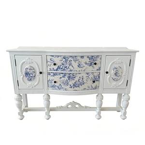 Buffet <span class=keywords><strong>en</strong></span> <span class=keywords><strong>bois</strong></span> massif peint à la main bleu et blanc style campagne française, <span class=keywords><strong>console</strong></span> sculptée rétro, meuble de rangement pour salon - Product Image 1