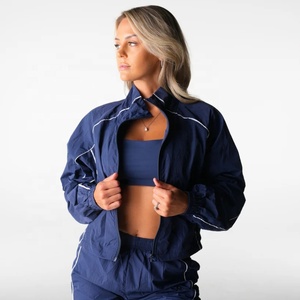 Customize Outdoor <strong>Running</strong> <strong>Waterproof</strong> Windbreaker <strong>Women</strong> Fitness 4 Way Stretch Reflective Piping Stripe Stand-up Cropped <strong>Jackets</strong> - Product Image 1