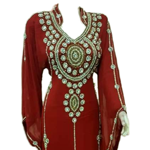 Dubai Farasha Beautiful <b>Red</b> Georget Muslim Traditional Moroccan Design Dress with Stone Beads Hand Work 2022 - Product Image 1
