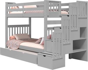 Многофункциональные двухъярусные кровати, двухместная деревянная детская кровать с лестницей для хранения с выдвижными ящиками в ступеньках, каркас кровати из массивной сосны - Product Image 5