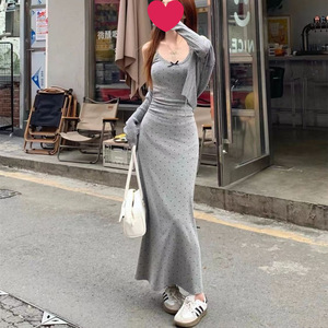 Qizhuang Spicy Suspender Dress Gray Polka Dots Tight Waist Spaghetti Strap Backless Mini Skirt Casual Wear - Product Image 5