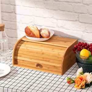 Boîte à pain en bambou à couche unique avec porte à volet roulant, organisateur de cuisine, conteneur de rangement anti-poussière pour pain et collations - Product Image 2