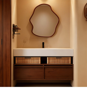 Modern Wall-Mounted Bathroom Vanity with <b>Sink</b> - Wood Finish Bathroom Cabinet with LED Light Mirror & Wicker <b>Storage</b> Baskets - Product Image 5