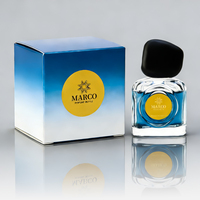 Flacon de parfum carré en verre Maroc MK 50ML avec pulvérisateur à pompe, capuchon noir effet galet, liquide bleu, origine Jiangsu